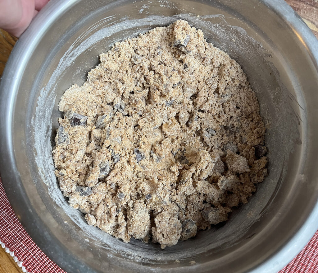 The chocolate chip cookie dough is coming together